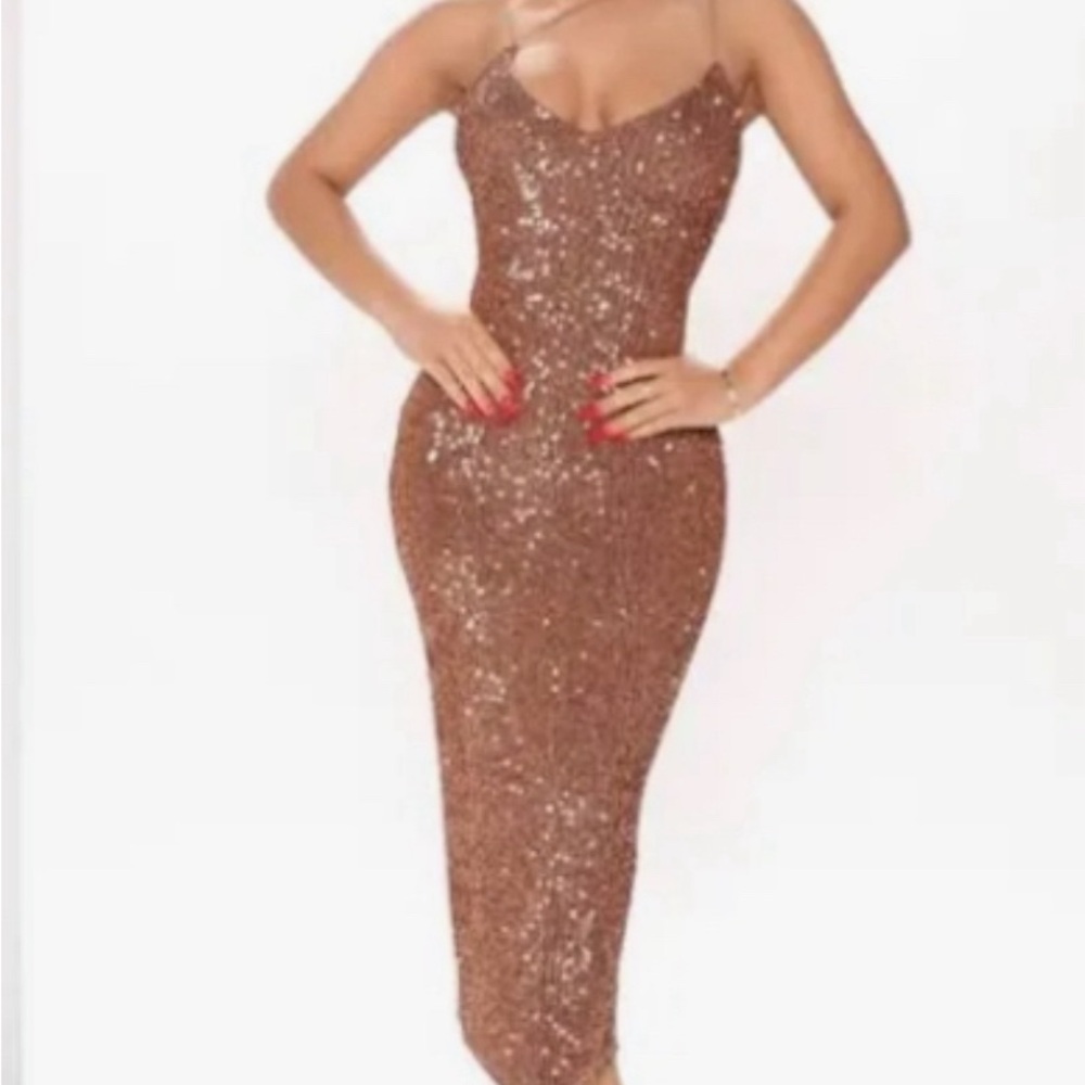 NWT Fashion Nova One Shoulder Sequin Dress - Bronze